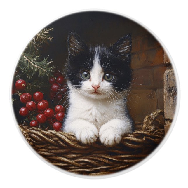 Svart och vit smokingkatt Vinterscen-målning Knopp (Framsidan)