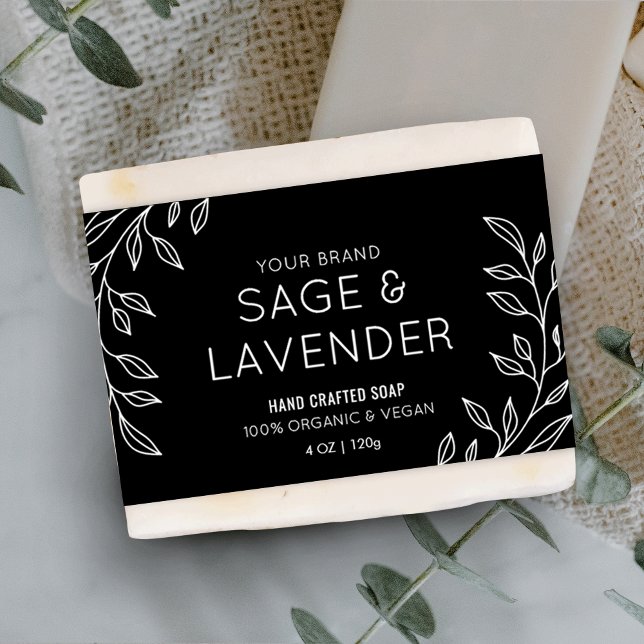Svart och vit soap Pub-förpackningsetikett med enk (Simple Floral Black & White Soap Bar Wrapper Label)