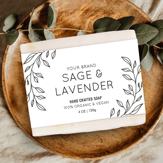 Svart och vit soap Pub-förpackningsetikett med enk (Minimal floral design soap bar wrapper style label with fully editable text, colors and layout)