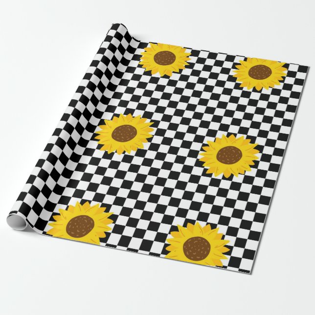 Svart och vit solrossolrosschaktad blomma Mönster Presentpapper (Utrullad)