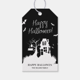 Svart och vit spökhus Halloween-fest Presentetikett