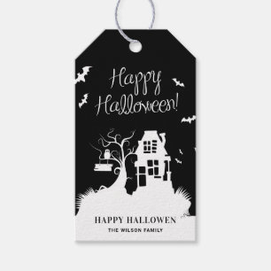 Svart och vit spökhus Halloween-fest Presentetikett