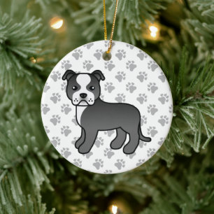Svart och vit Staffordshire Bull Terrier Hund Julgransprydnad Keramik