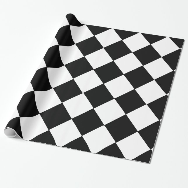 Svart och vit stor rutig diamantmönster presentpapper (Utrullad)