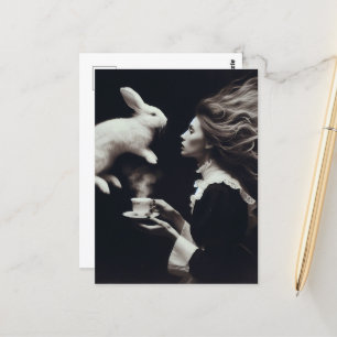 Svart och vit Surreal Magic Tea med Bunny Vykort