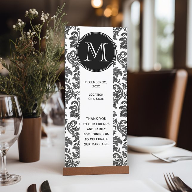 Svart och vit svart tavla Damaskmönster Program (Wedding Program Table Card)