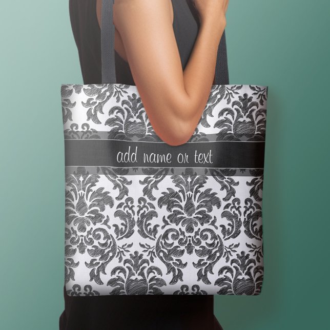 Svart och vit svart tavla Damaskus mönster skript Tygkasse (Shabby Chic Tote Bag)