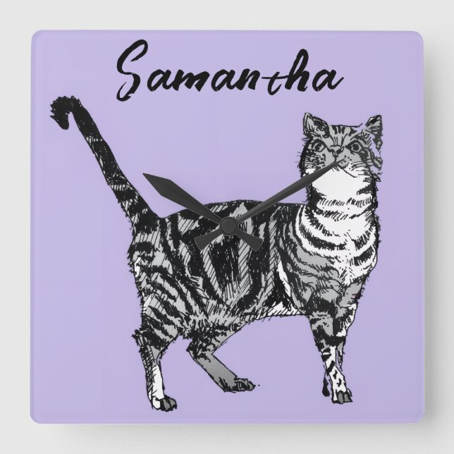 Svart och vit tabby katt tjej namn lila  fyrkantig klocka (Framsida)