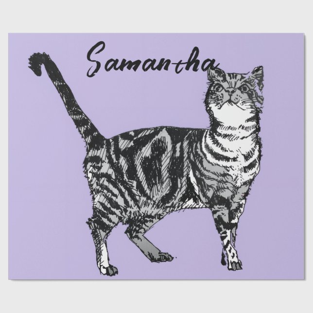 Svart och vit tabby katt tjej namn lila  presentpapper (Platt)