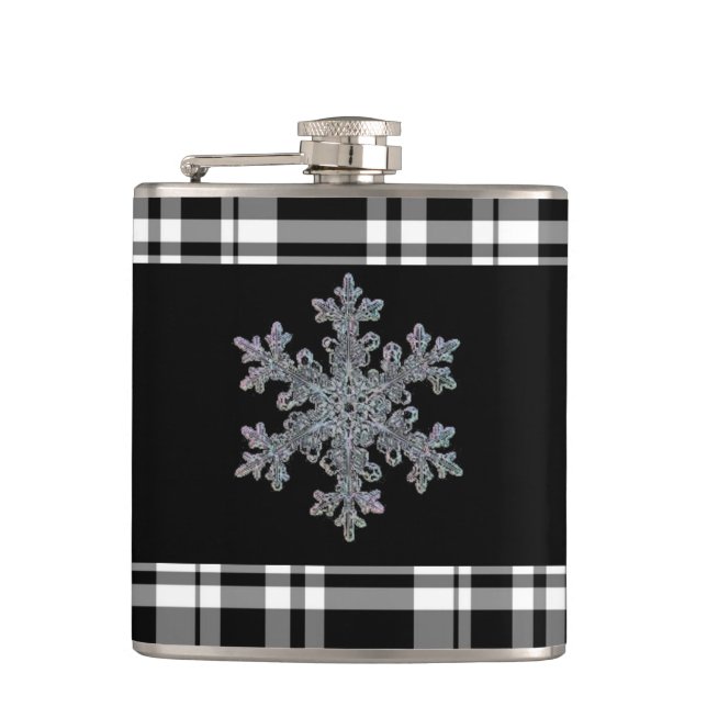 Svart och vit tartan, snöflingor fickplunta (Framsidan)