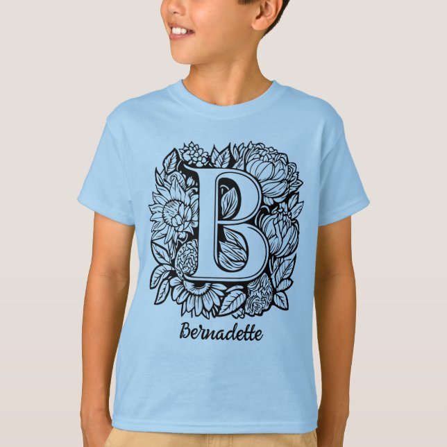 Svart och vit tatuering Blommor Monogram Bokstav B T Shirt (Framsida)