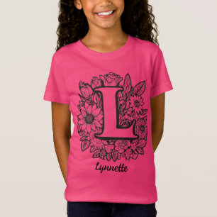 Svart och vit tatuering blommor monogram bokstav L T Shirt