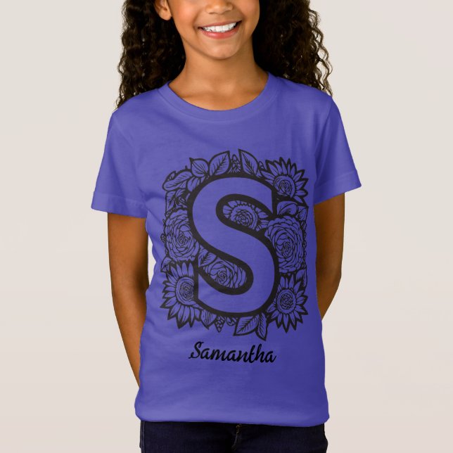 Svart och vit tatuering Peony blommor Monogram S T Shirt (Framsida)