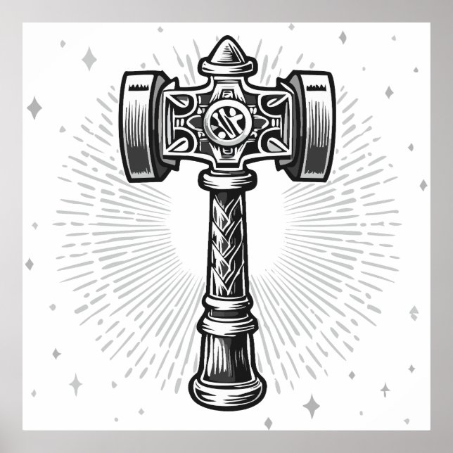 Svart och vit Thors hammare Mjolnir Poster (Framsidan)