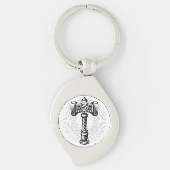 Svart och vit Thors hammare Mjolnir Swirl Silverfärgad Nyckelring (Framsidan)