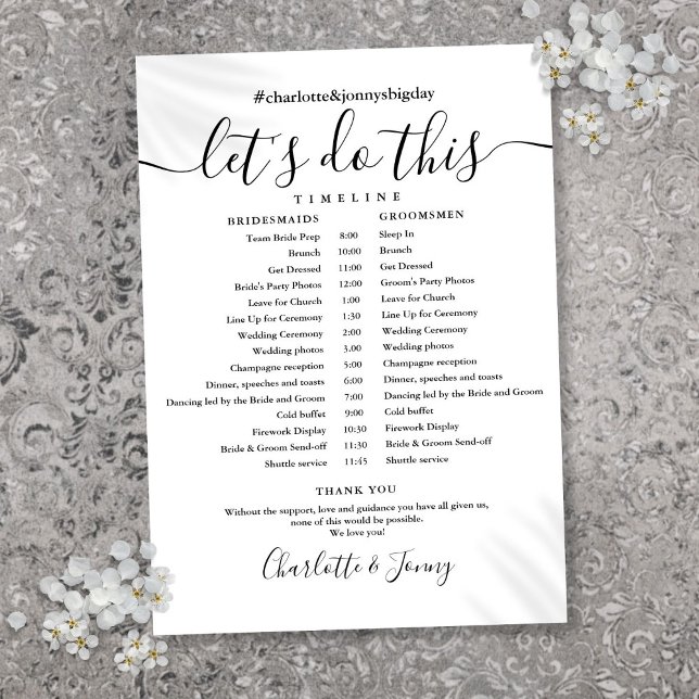 Svart och vit tidslinje för brölloppsschema inbjudningar (Black And White Wedding Schedule Timeline Card)