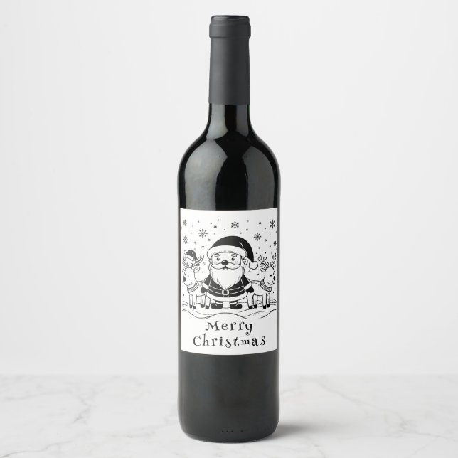 Svart och vit Tomte med renar Vinflaska Etikett (Framsida)