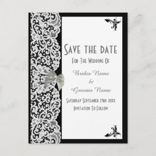 Svart och vit traditionell spets save the date meddelande vykort