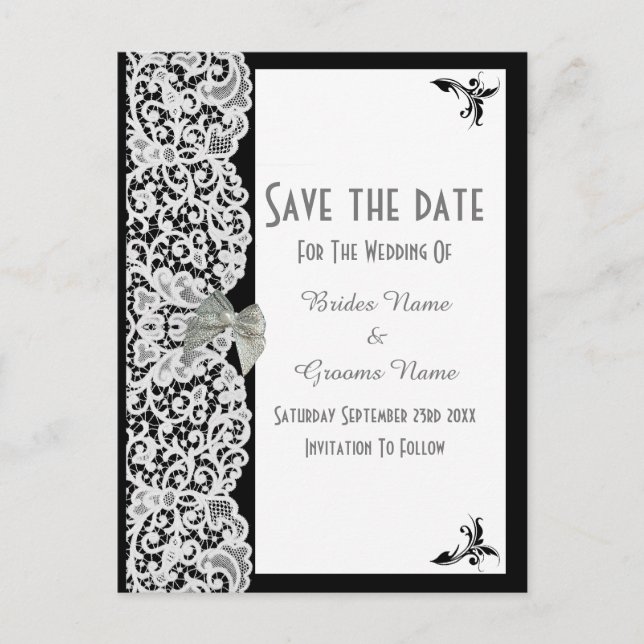 Svart och vit traditionell spets save the date meddelande vykort (Framsida)