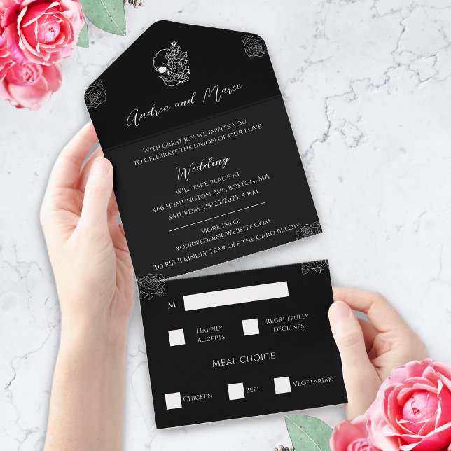 Svart och vit trefaldig inbjudan till gotin-bröllo (Black and white tattoo gothic wedding invitation tri fold)