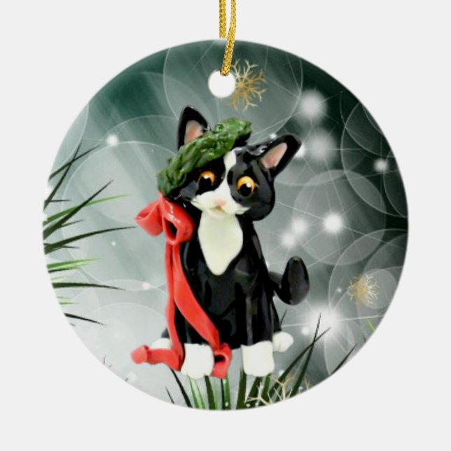 Svart och vit Tuxedo Cat Ornament (Framsidan)