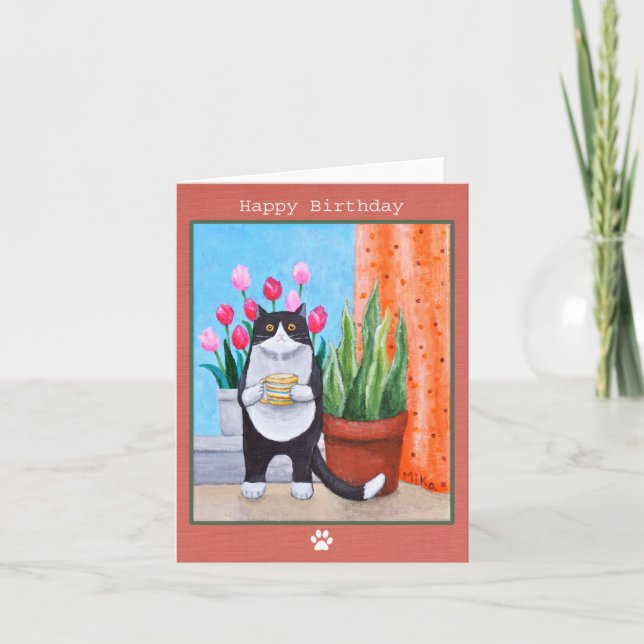 Svart och vit Tuxedo-katt med kaffefågeldag Kort (Framsida)