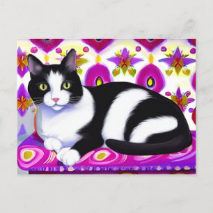 Svart och vit Tuxedo-katt på en kushion Vykort