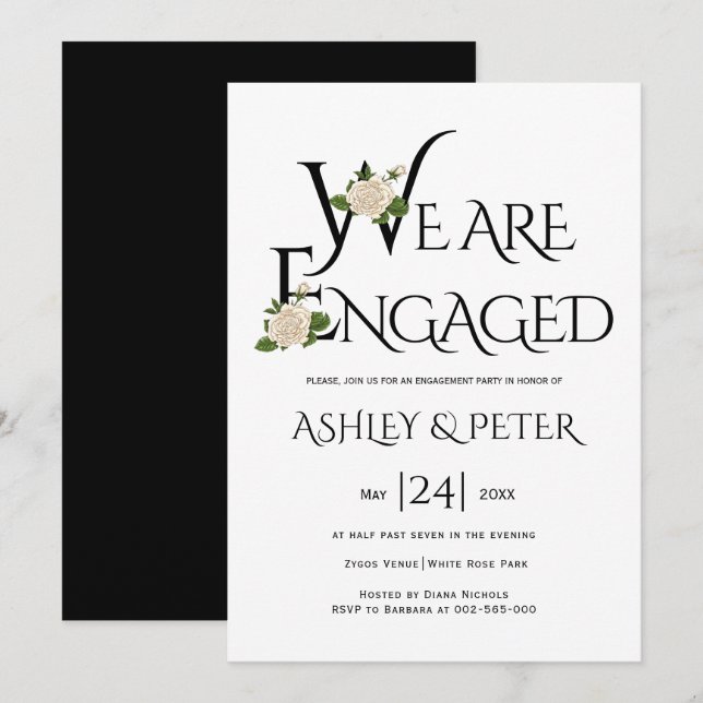 Svart och vit typografi, ro förlovningsfest inbjudningar (Fram/baksida)