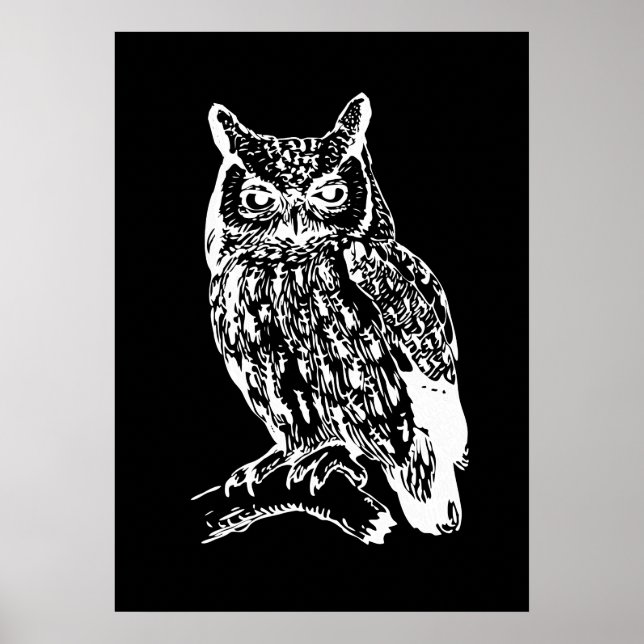 Svart och vit uggla konst poster (Framsidan)