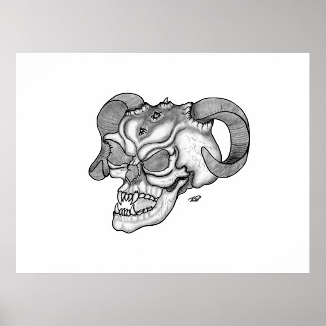 Svart och vit utformning av Skull Djävulen Head Poster (Framsidan)