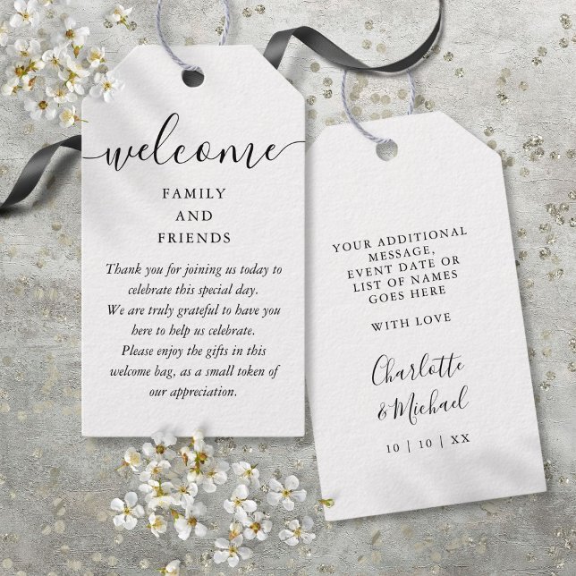 Svart och vit välkomstkorg för bröllopspresenter presentetikett (Wedding Favor Welcome Basket Bag Black And White Gift Tags)