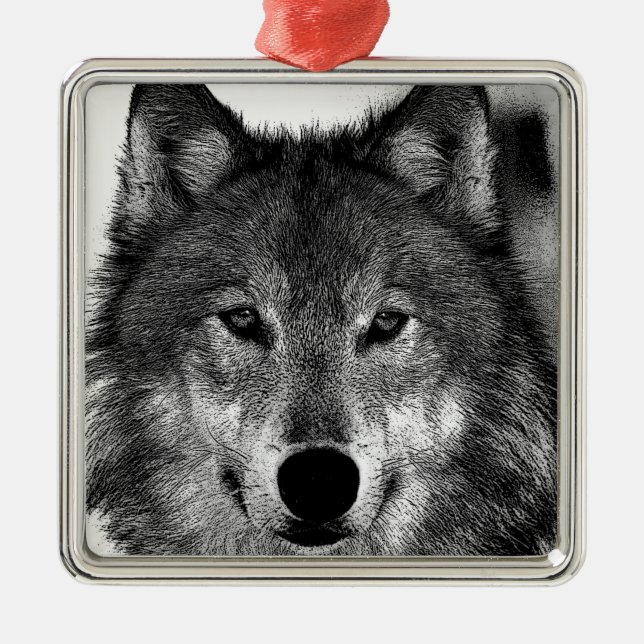 Svart och vit Varg Julgransprydnad Metall (Framsidan)