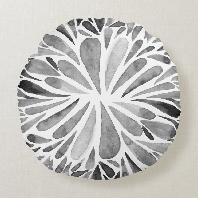 Svart och vit vattenfärgsspricka i abstraktens blo rund kudde (Framsidan)