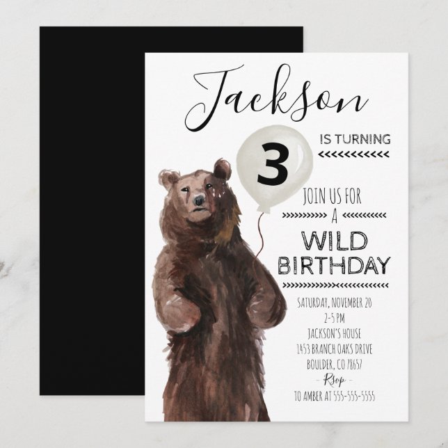 Svart och vit Vild Bear Birthday-inbjudan Inbjudningar (Fram/baksida)