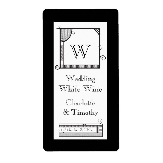 Svart- och vit Vin-etikett med monogram Fraktsedel (Framsidan)