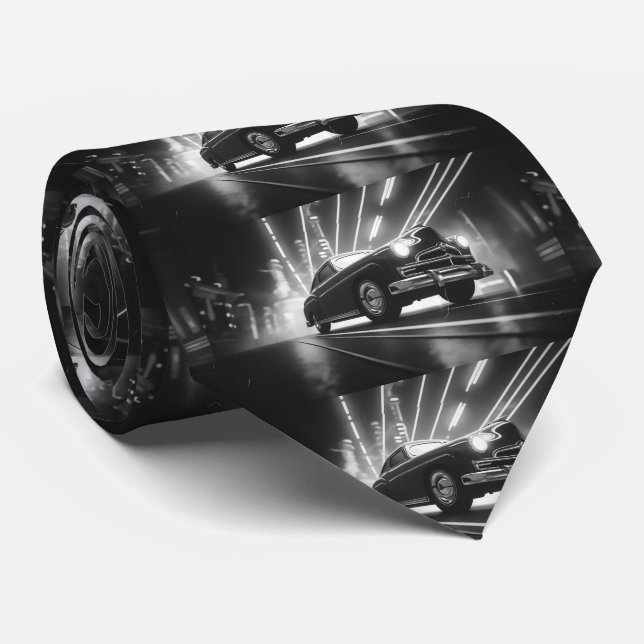 Svart och vit Vintage Bil Mönster Slips (Rullad)