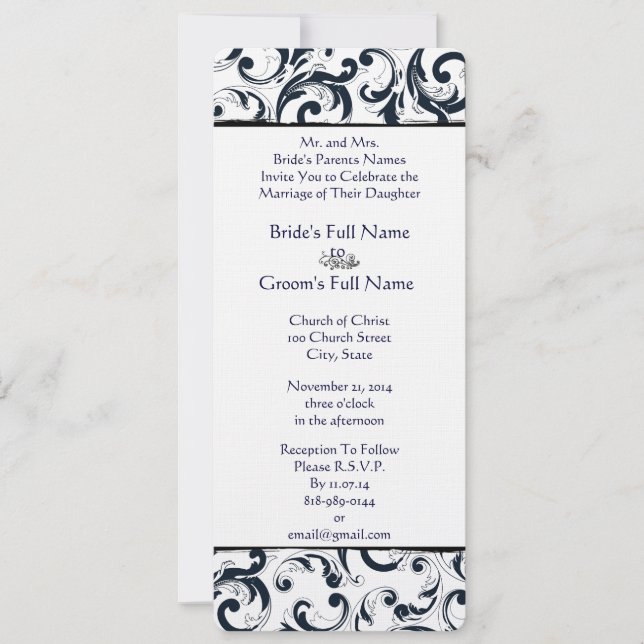 Svart och vit Vintage Blommigt Damask Wedding Inbjudningar (Framsida)