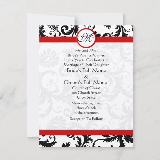 Svart och vit Vintage Blommigt Damask Wedding Inbjudningar (Framsida)