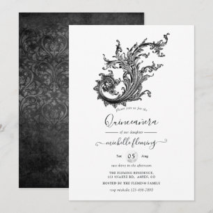 Svart och vit vintage Quinceañera Inbjudningar