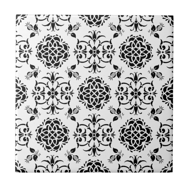 Svart och vit vintage stil blom-damask kakelplatta (Framsidan)