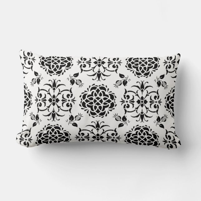 Svart och vit vintage stil blom-damask lumbarkudde (Framsida)