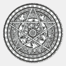 Svart och vit vitaktig pentacle mandala-design runt klistermärke