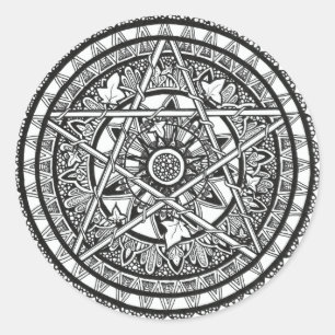 Svart och vit vitaktig pentacle mandala-design runt klistermärke