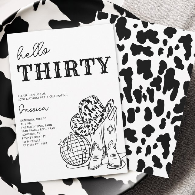 Svart och vit western rodeo 30-årsfest inbjudningar (Black and White Western Rodeo 30th Birthday Party Invitation)