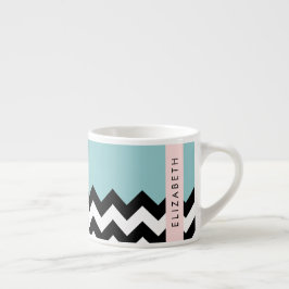 Svart och vit Zigzag, Chevron, Blue, Ditt namn Espressomugg