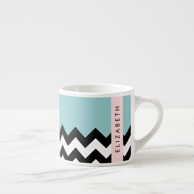 Svart och vit Zigzag, Chevron, Blue, Ditt namn Espressomugg (Höger)