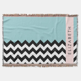 Svart och vit Zigzag, Chevron, Blue, Ditt namn Filt