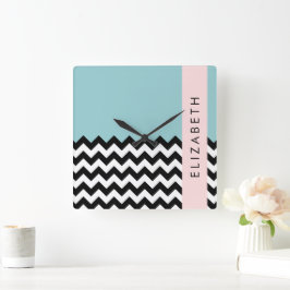 Svart och vit Zigzag, Chevron, Blue, Ditt namn Fyrkantig Klocka