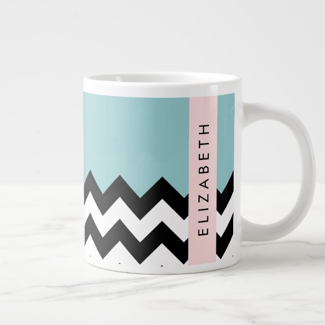 Svart och vit Zigzag, Chevron, Blue, Ditt namn Jumbo Mugg (Höger)