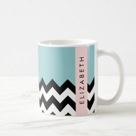 Svart och vit Zigzag, Chevron, Blue, Ditt namn Kaffemugg